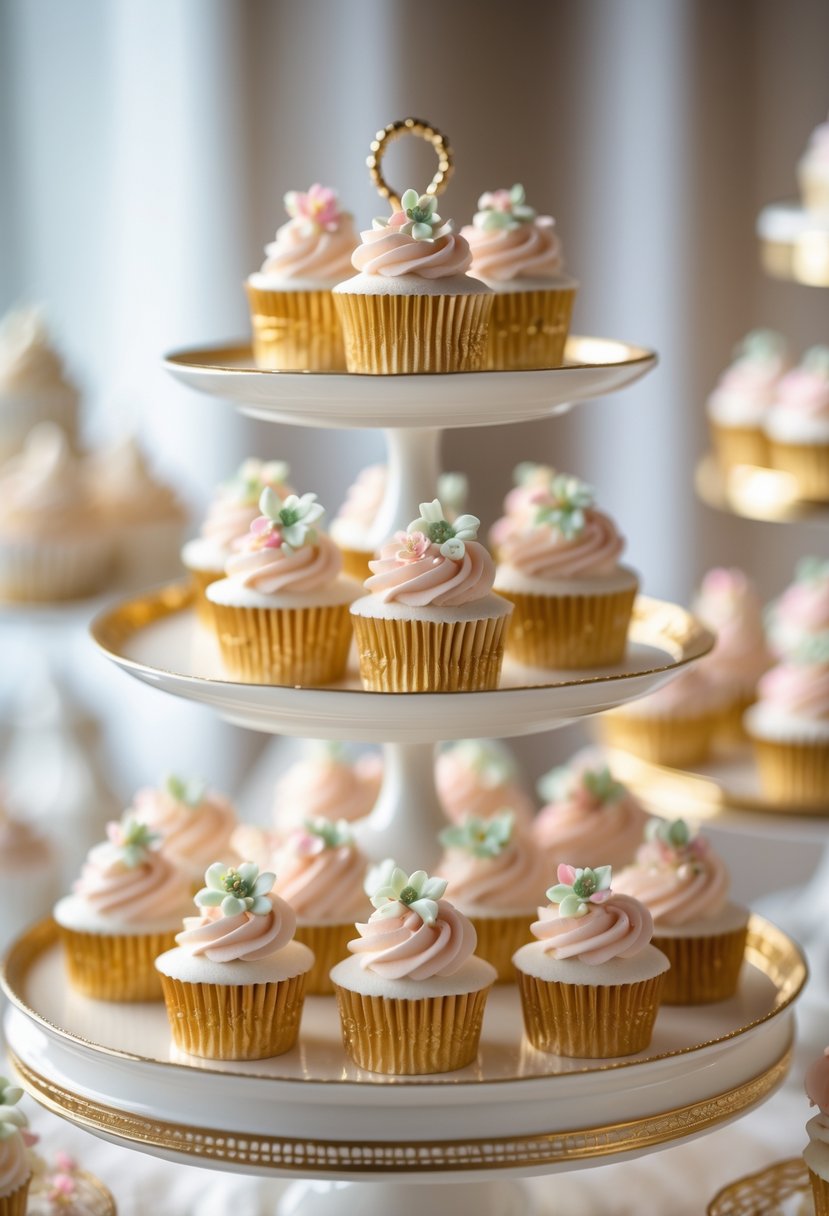 A display of decorated cupcakes on gold-rimmed porcelain plates arranged on a tiered stand.