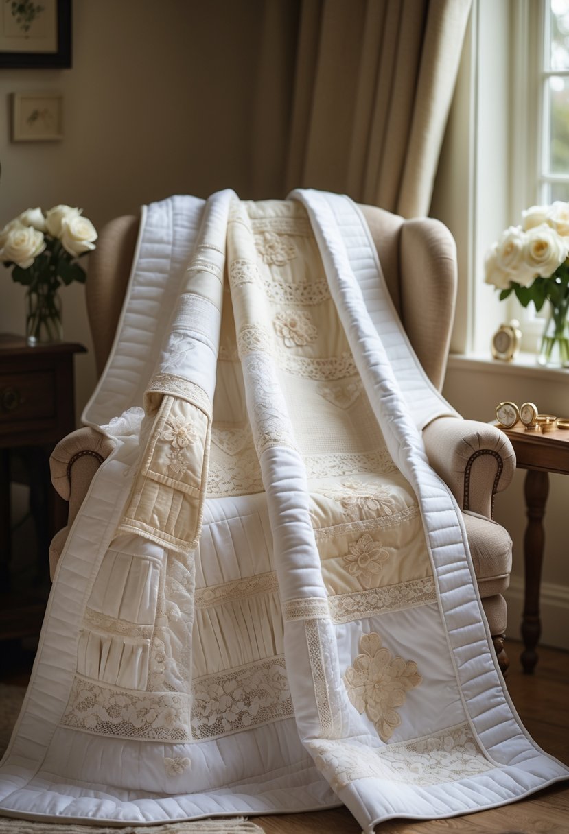 A quilt made from pieces of a wedding dress draped over an armchair with wedding mementos nearby in a softly lit room.