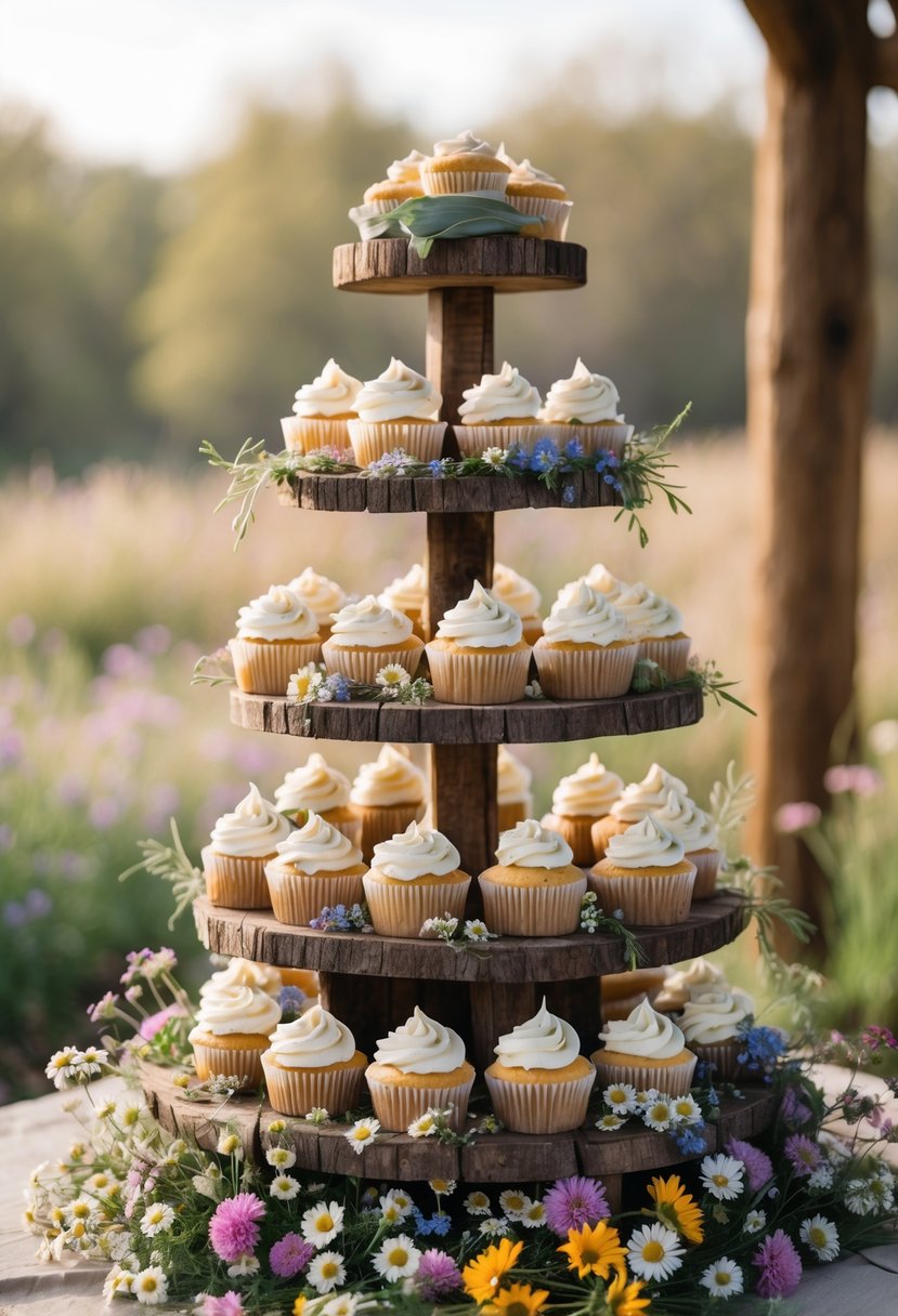 A multi-tiered rustic cupcake display decorated with wildflowers scattered around the cupcakes and wooden stands.