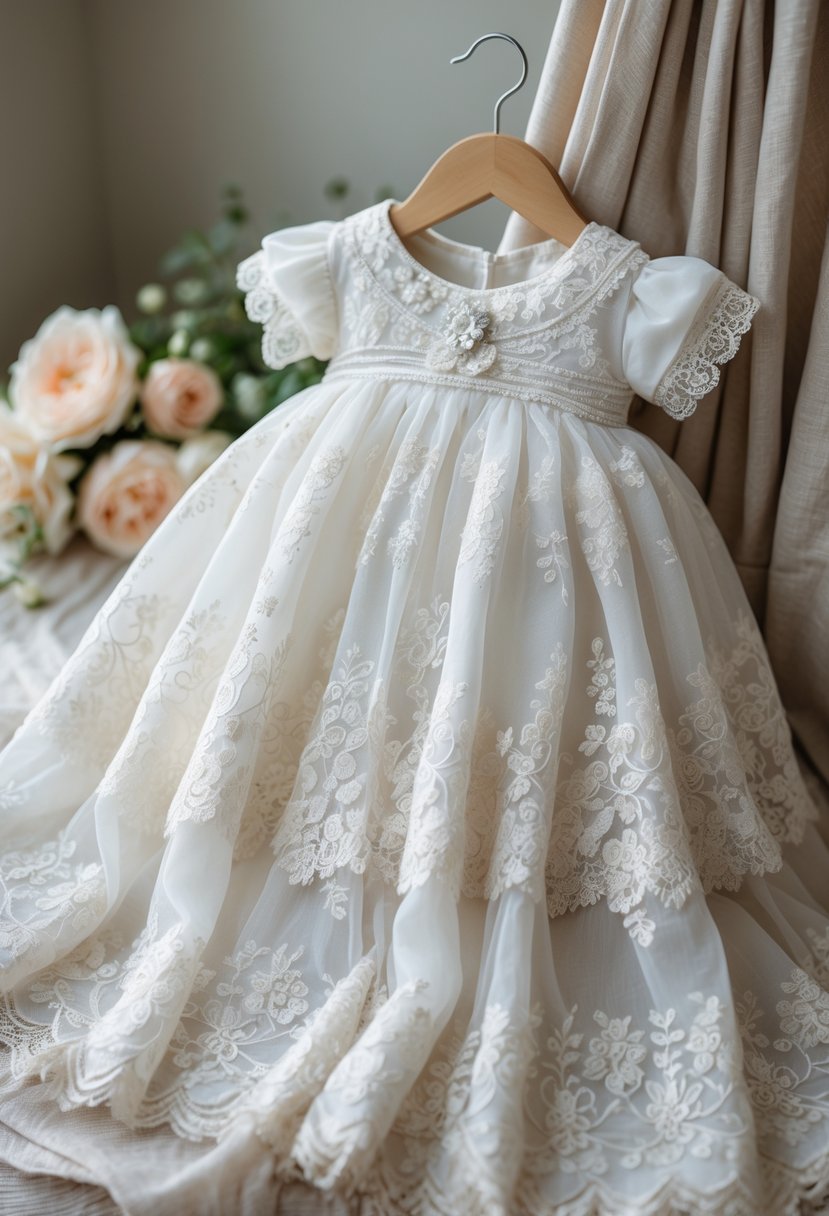 A delicate white lace christening gown displayed on a wooden hanger with a soft floral arrangement in the background.