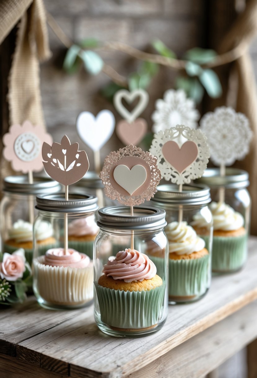 Mason jars filled with decorative cupcake toppers arranged on a wooden table with rustic wedding decorations in the background.