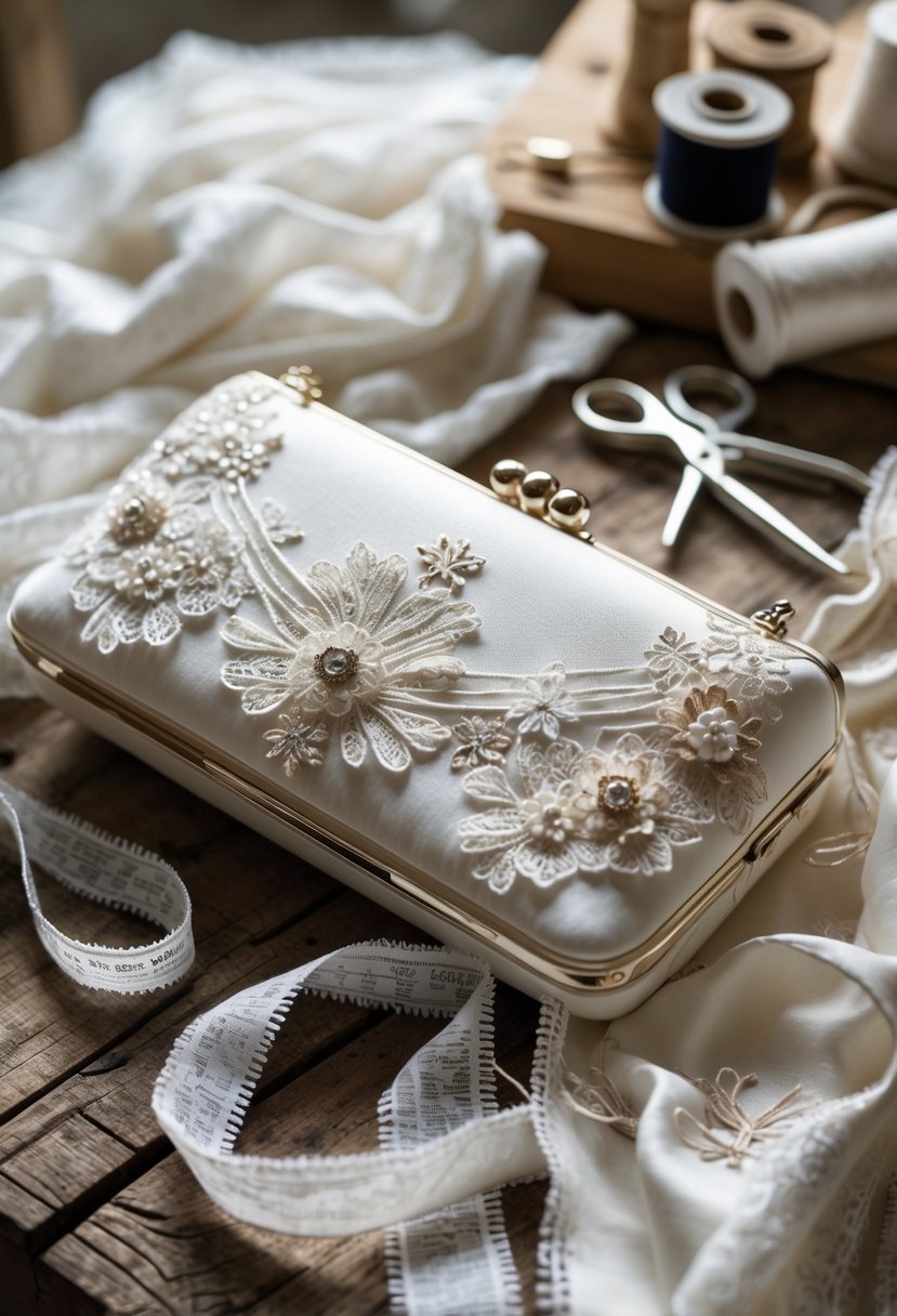 A custom clutch handbag made from white wedding dress fabric on a wooden table with sewing tools nearby.