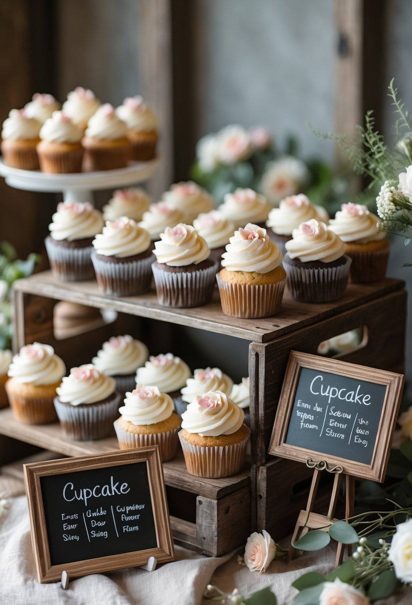 A wedding cupcake display with various decorated cupcakes and small rustic chalkboard signs labeling flavors, arranged on wooden crates with floral decorations.