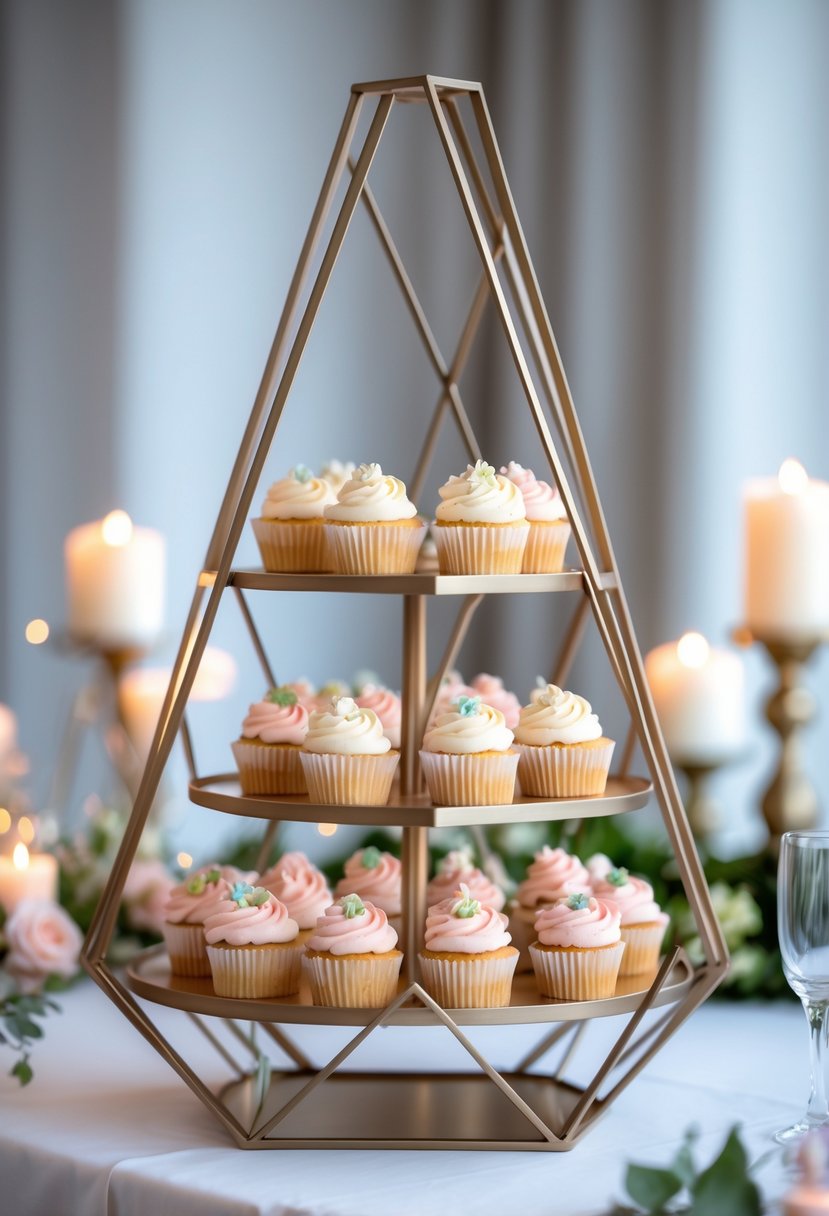 A multi-tiered geometric metal cupcake stand holding decorated cupcakes on a table with soft candlelight and greenery.