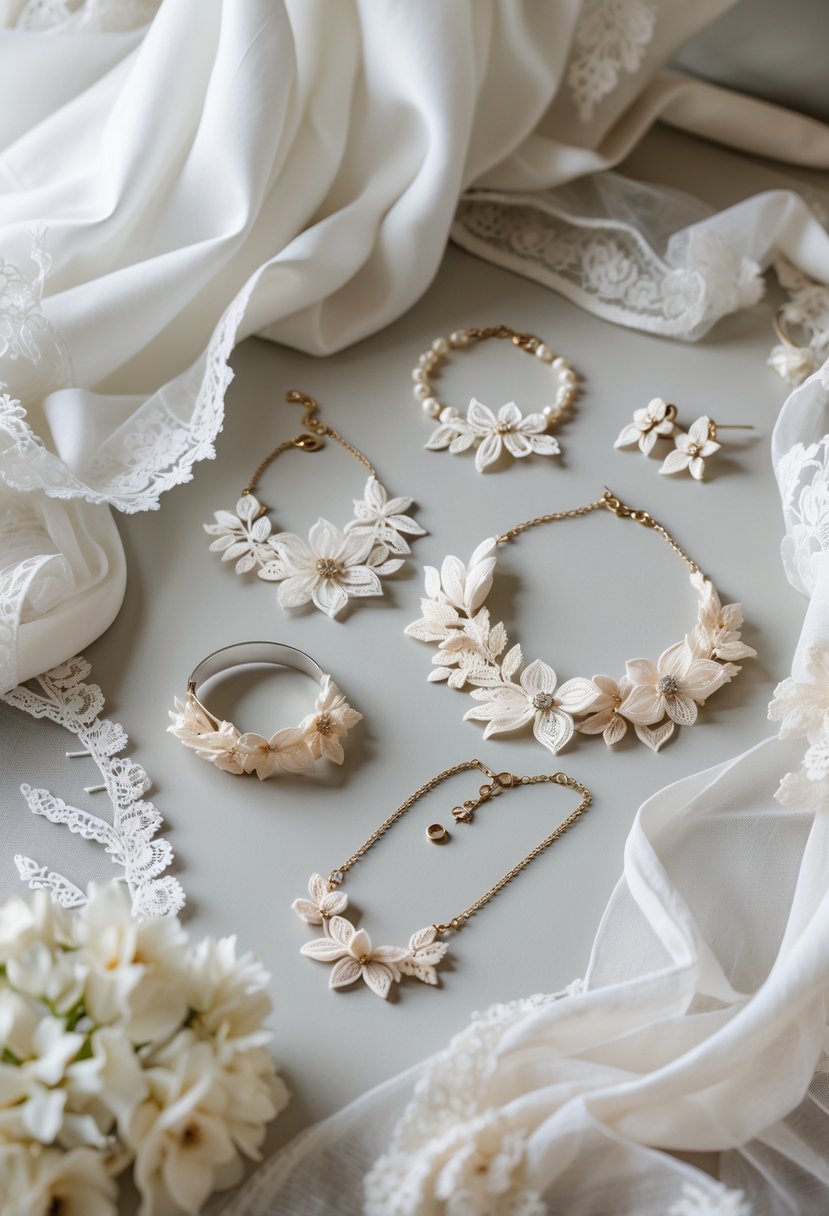 Close-up of delicate jewelry pieces made from lace and fabric scraps arranged on a soft background with wedding dress fabric nearby.
