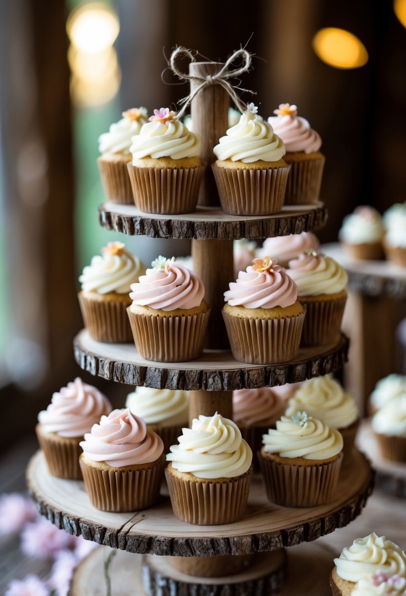 Cupcakes with twine-tied wrappers arranged on a wooden tiered stand as part of a wedding display.