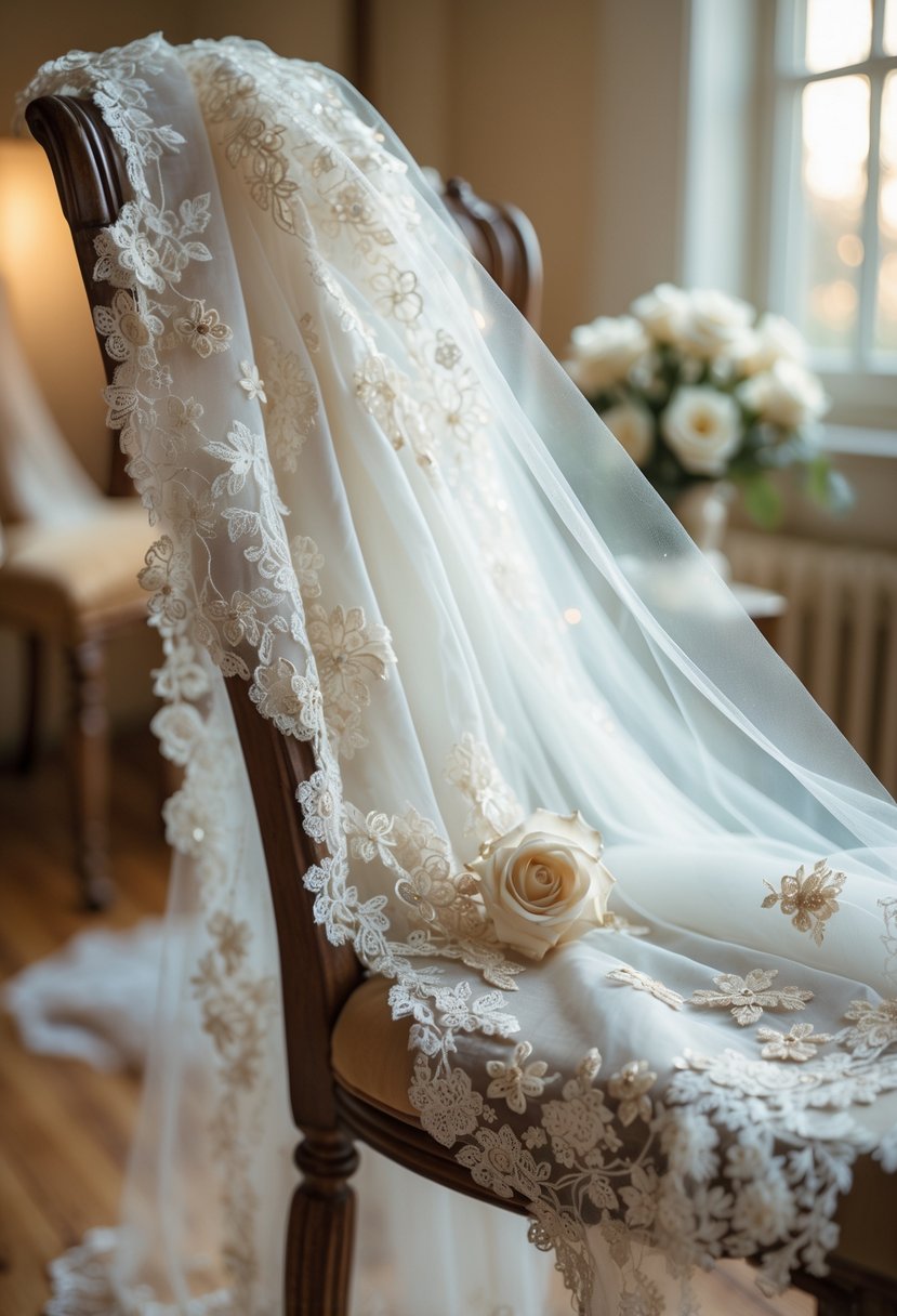 A delicate bridal veil made from wedding gown fabric draped over a wooden chair with soft natural light.