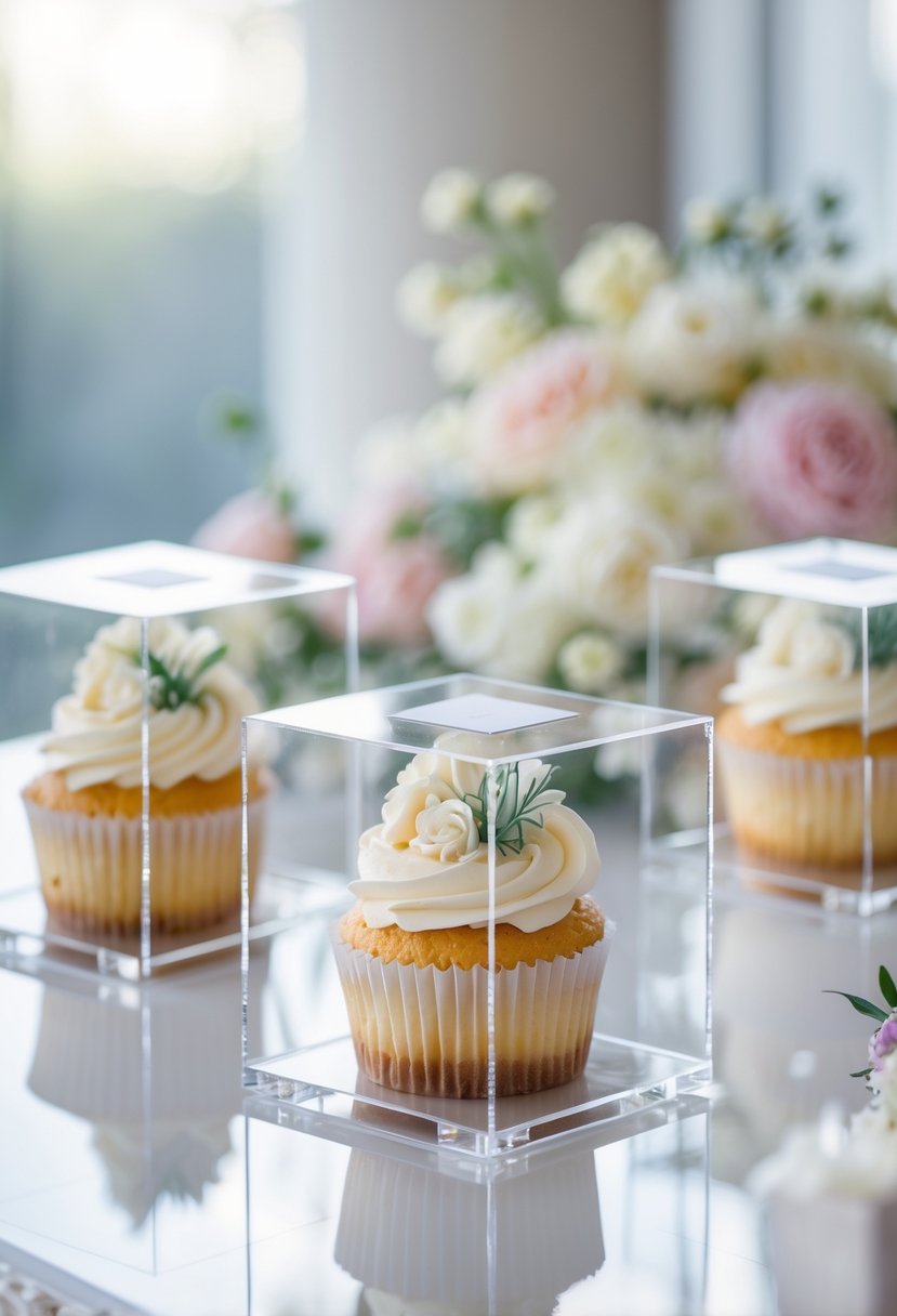 Clear acrylic individual cupcake boxes each holding a decorated cupcake arranged on a wedding display table.