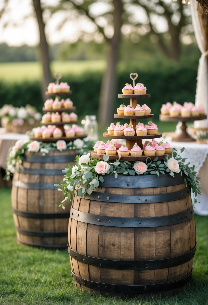 Wooden barrels used as dessert tables displaying cupcakes outdoors with flowers and greenery.
