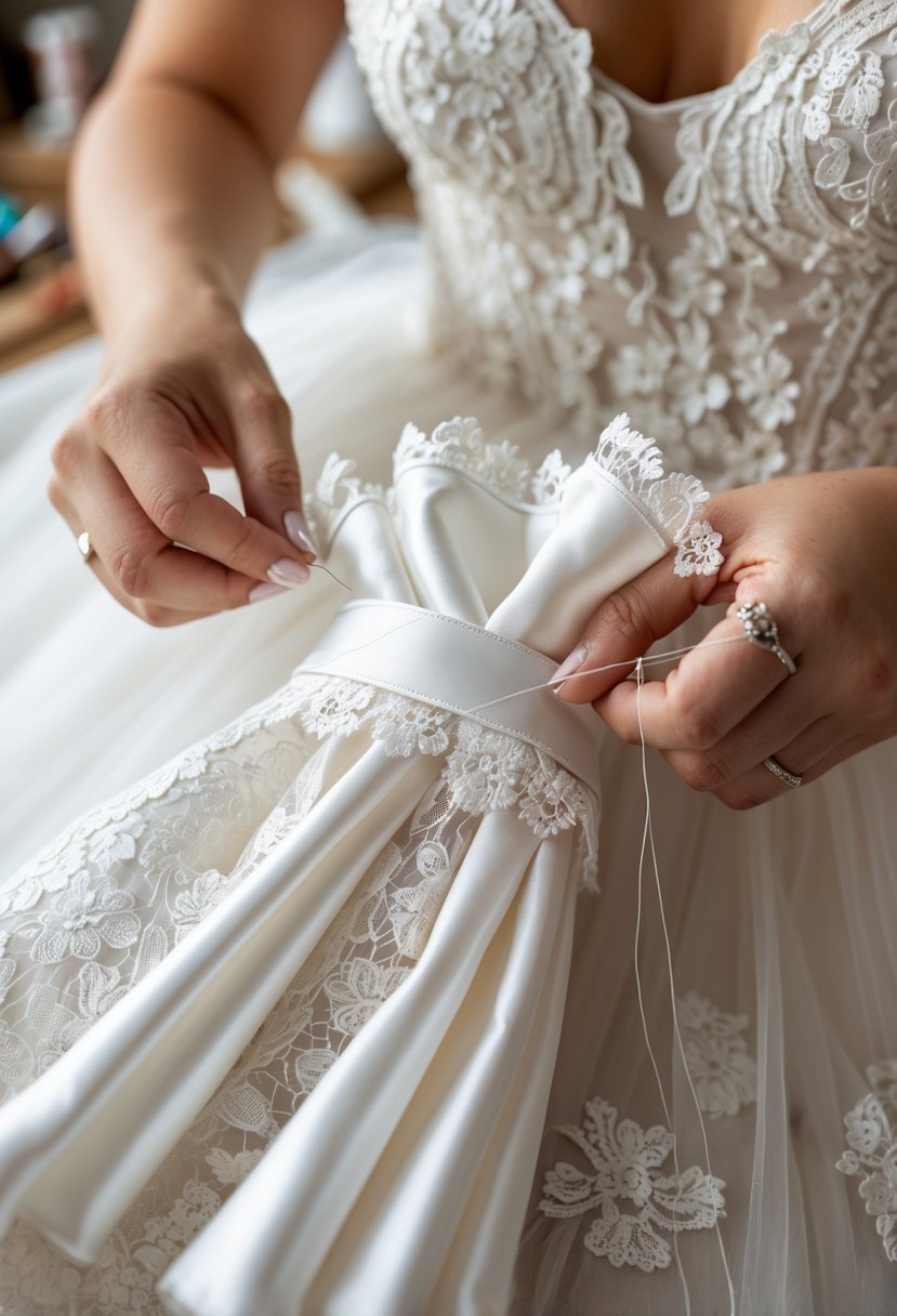 Hands sewing a bouquet wrap made from wedding dress fabric with sewing tools nearby.