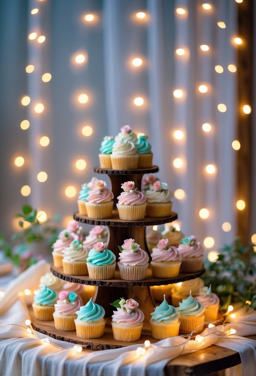 A wooden table decorated with warm white fairy lights and an assortment of decorated cupcakes with pastel frosting and floral accents.