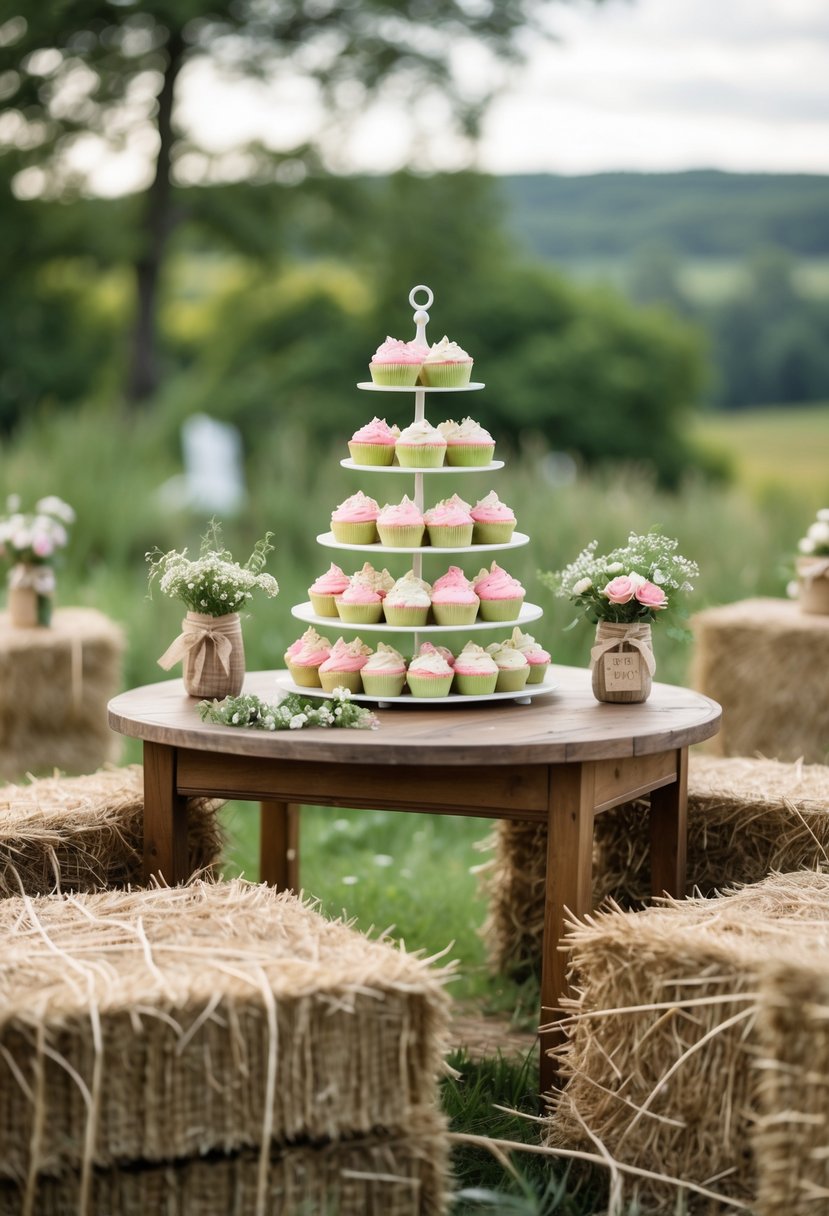 Hay bales arranged as seating around a wooden table displaying a tiered stand of decorated cupcakes outdoors.