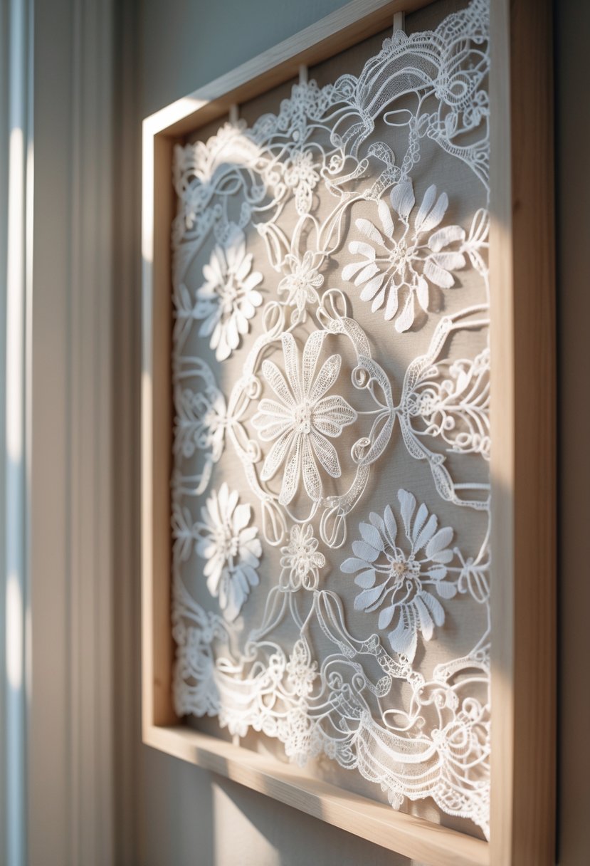 A framed section of delicate white lace fabric displayed on a wall.