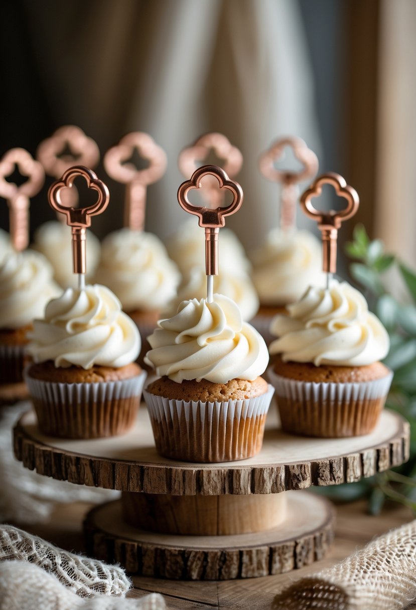 Cupcakes decorated with copper key toppers arranged on a wooden tiered stand with rustic wedding decor.