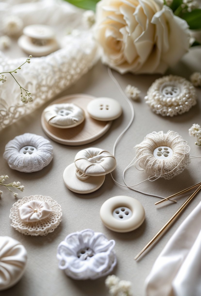 Close-up of elegant fabric-covered buttons made from wedding dress materials arranged on a soft surface with sewing tools nearby.