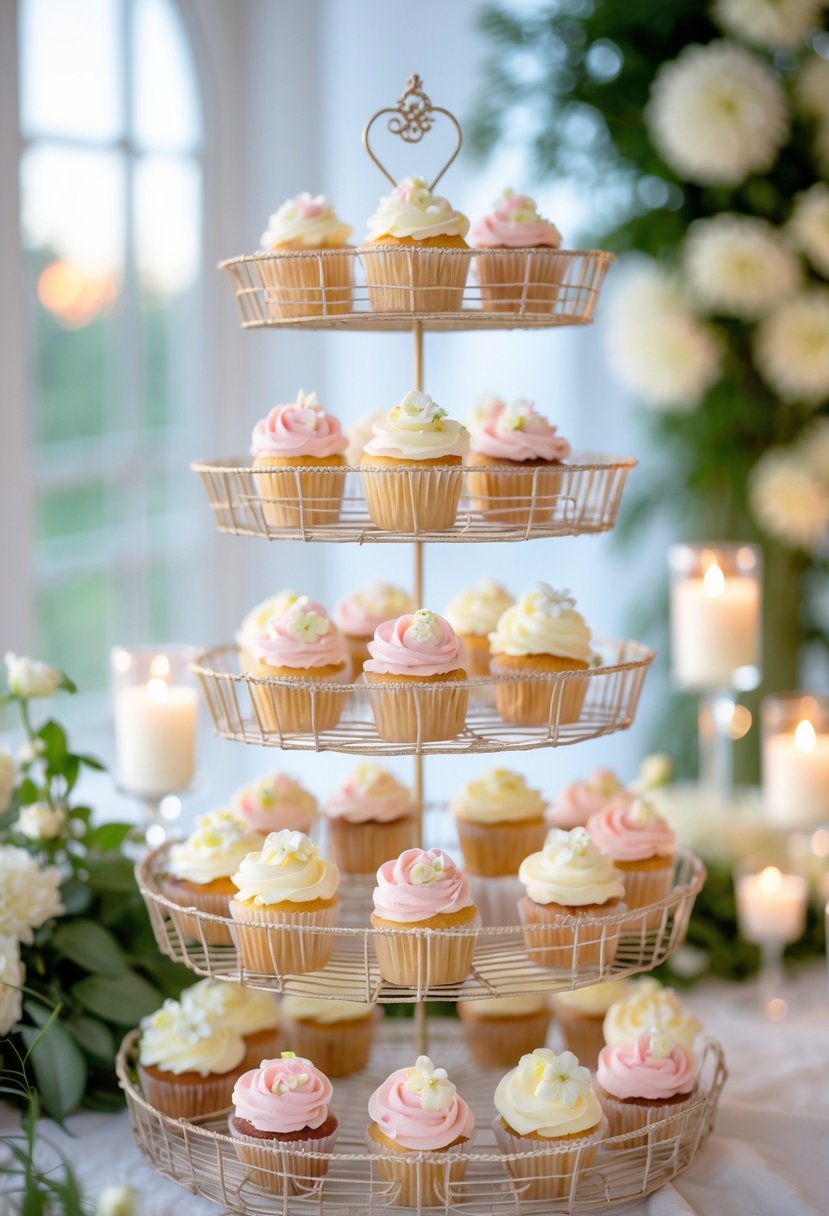 Tiered wire cupcake baskets filled with decorated cupcakes on a table at a wedding reception.