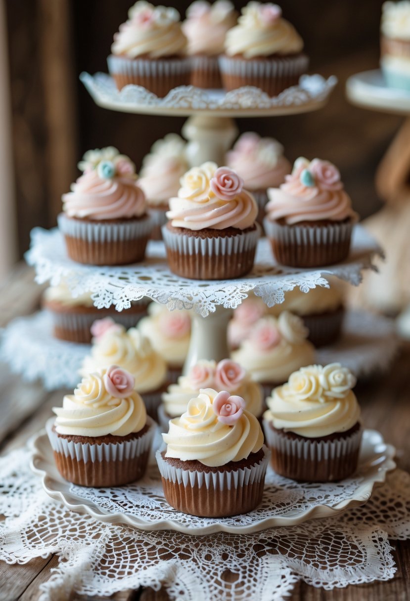 Cupcakes arranged on white plates with lace doilies underneath on a wooden surface.