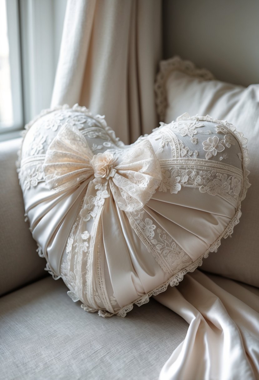A heart-shaped pillow made from wedding dress fabric placed on a neutral surface.