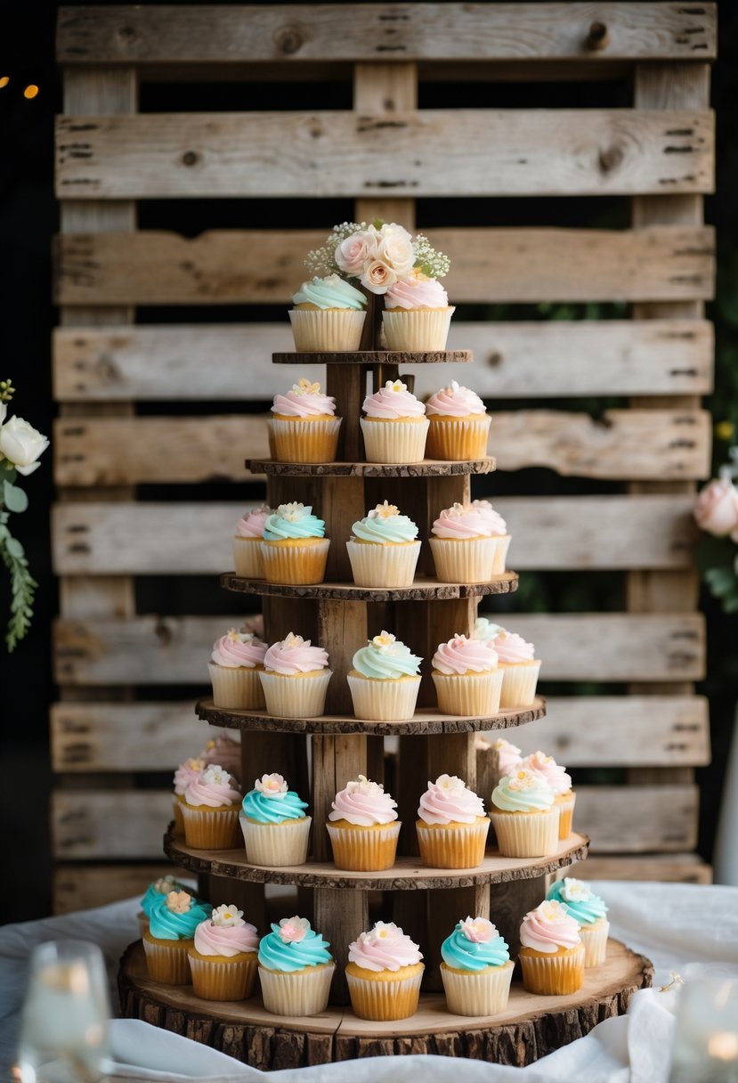 Cupcake tower displayed in front of a rustic wooden pallet backdrop.