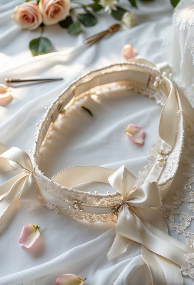 Close-up of a bridal sash made from elegant fabric with lace and bead details, placed on a white surface with rose petals nearby.