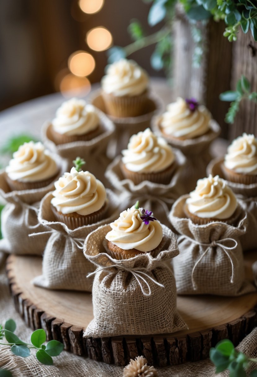 Cupcakes displayed in small burlap sacks on a wooden table with soft lighting and rustic decorations.