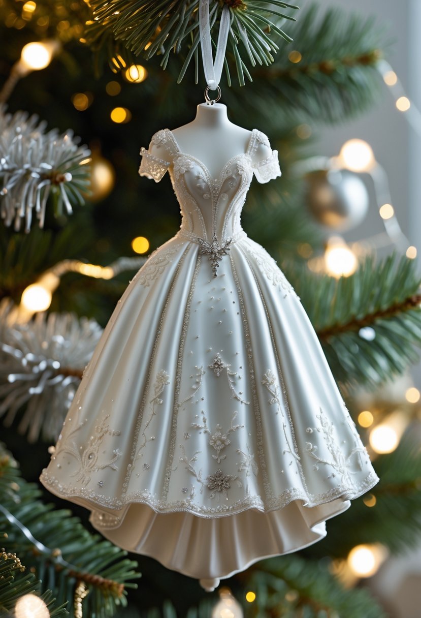 A delicate miniature wedding dress ornament hanging on a decorated evergreen branch with soft holiday lights.