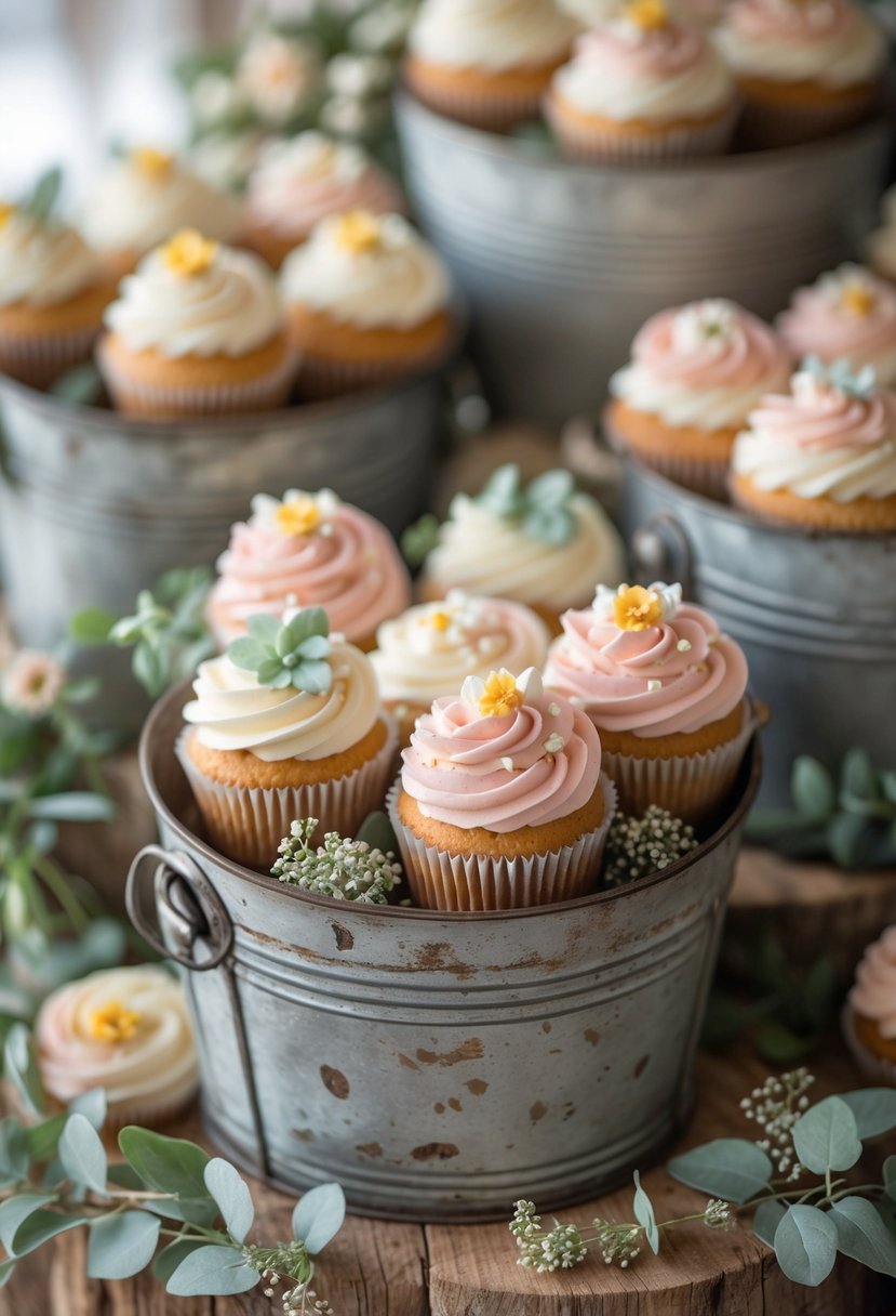 Antique tin buckets filled with decorated cupcakes arranged on a wooden table with greenery and flowers.