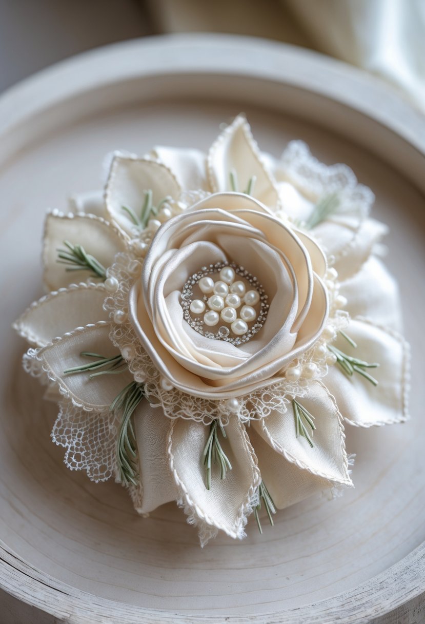 A fabric flower brooch with pearl details resting on a wooden surface.