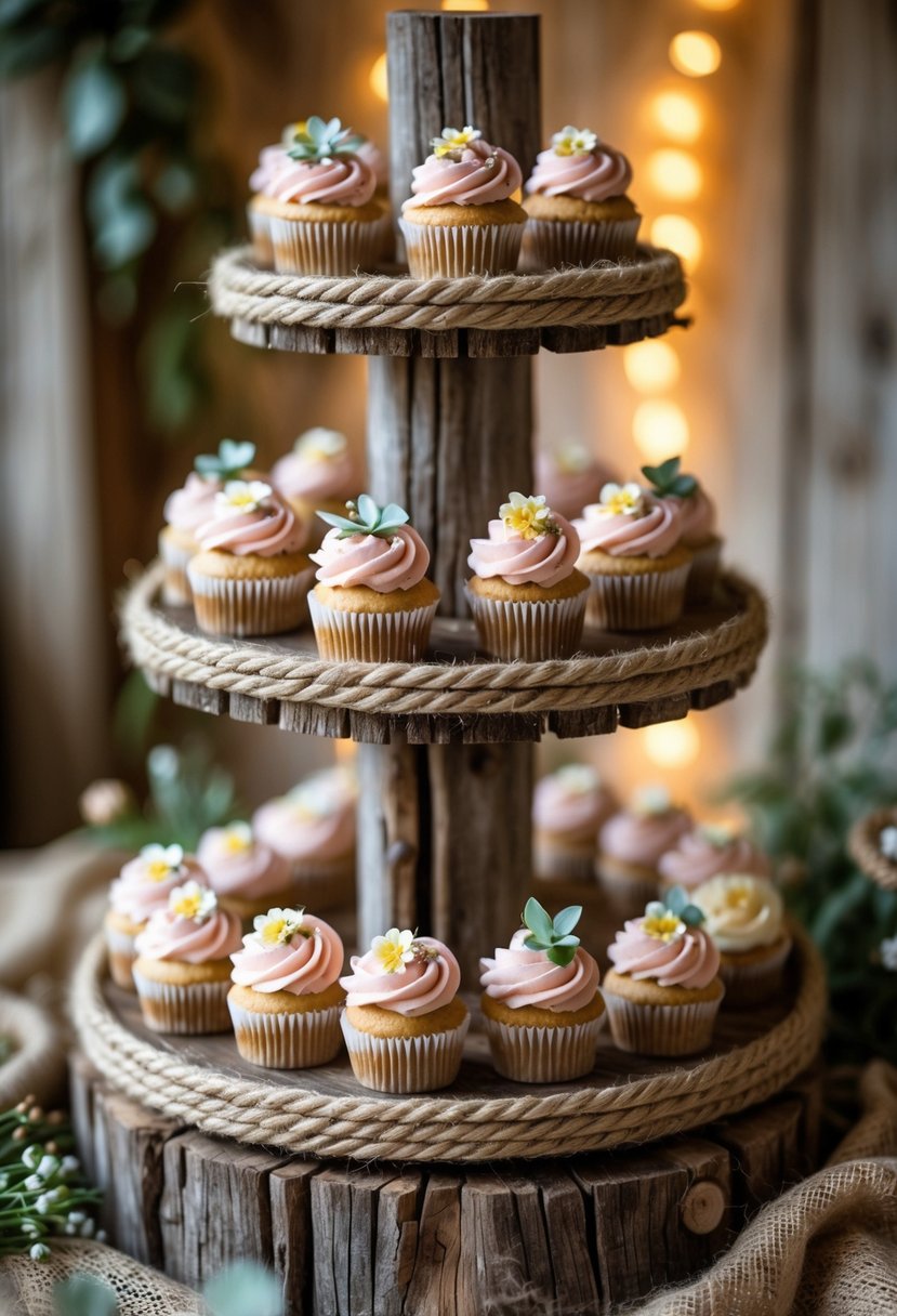 A multi-tiered wooden cupcake stand wrapped with rope edges, displaying decorated cupcakes with flowers and greenery around it.