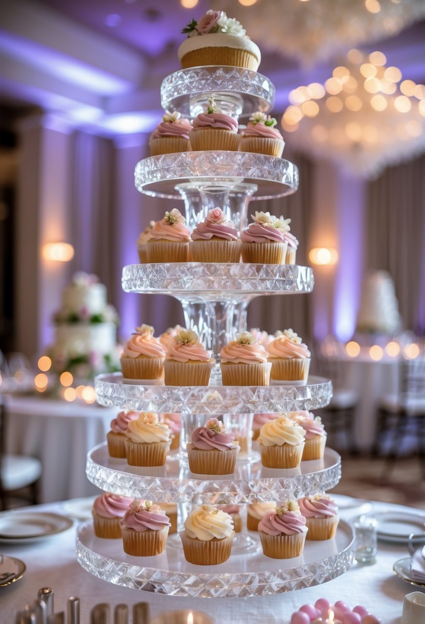 A multi-tiered crystal cupcake tower holding decorated cupcakes on a wedding reception table.