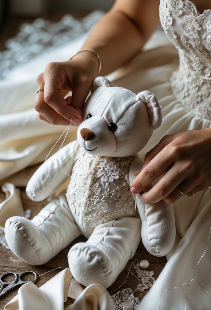 Hands sewing a teddy bear using pieces of a white wedding dress with sewing tools nearby.