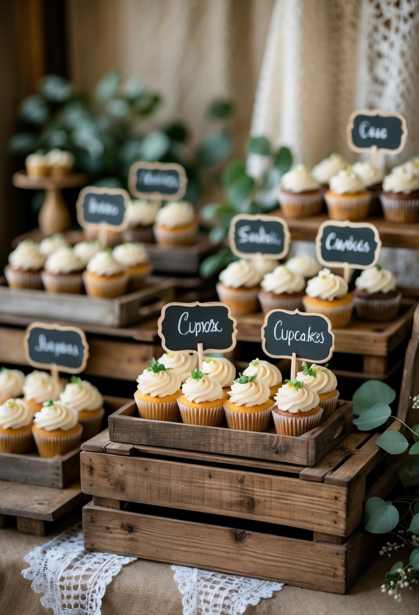 A rustic wedding cupcake display with various cupcakes and small blank chalkboard tags on wooden holders arranged on wooden crates and vintage trays.