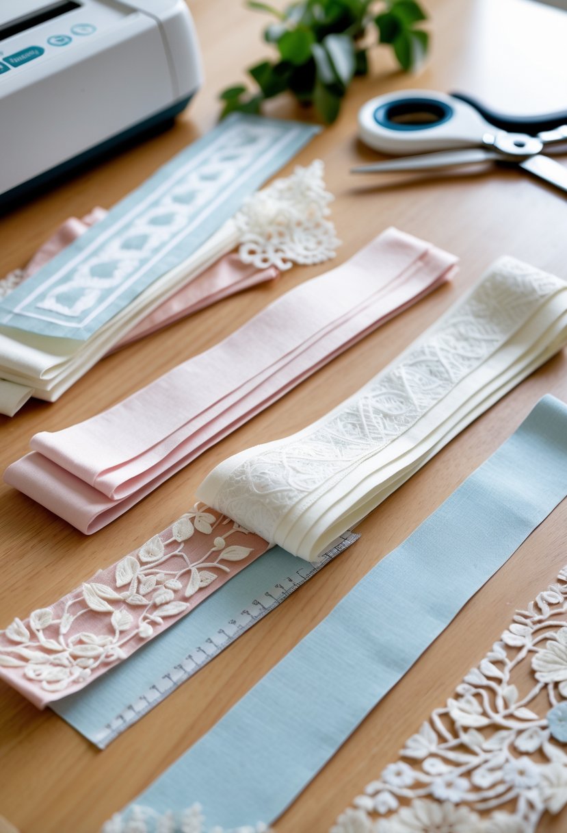 Fabric strips being laminated on a table to create bookmarks as wedding dress keepsakes, with crafting tools nearby.