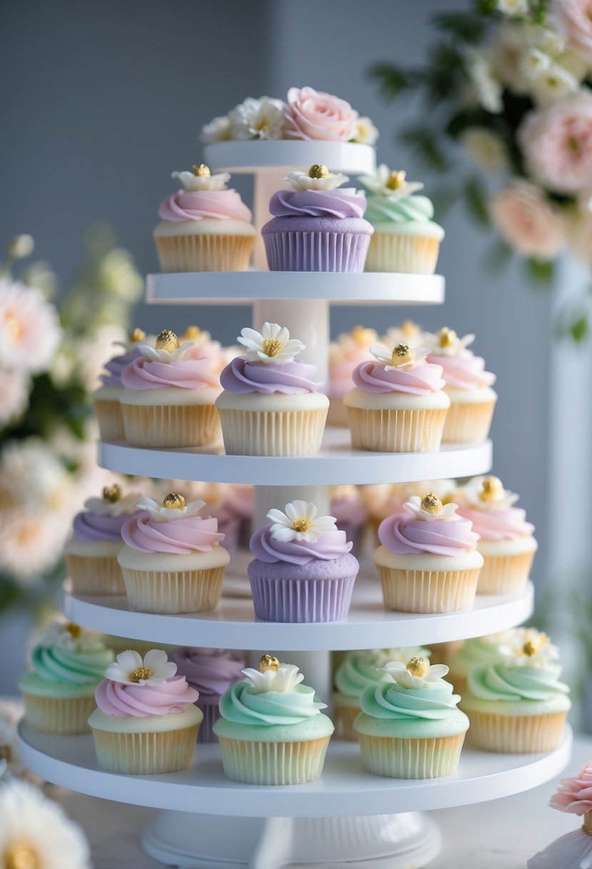 A multi-tiered display of pastel-colored cupcakes arranged in an ombre pattern with floral decorations on a white stand.