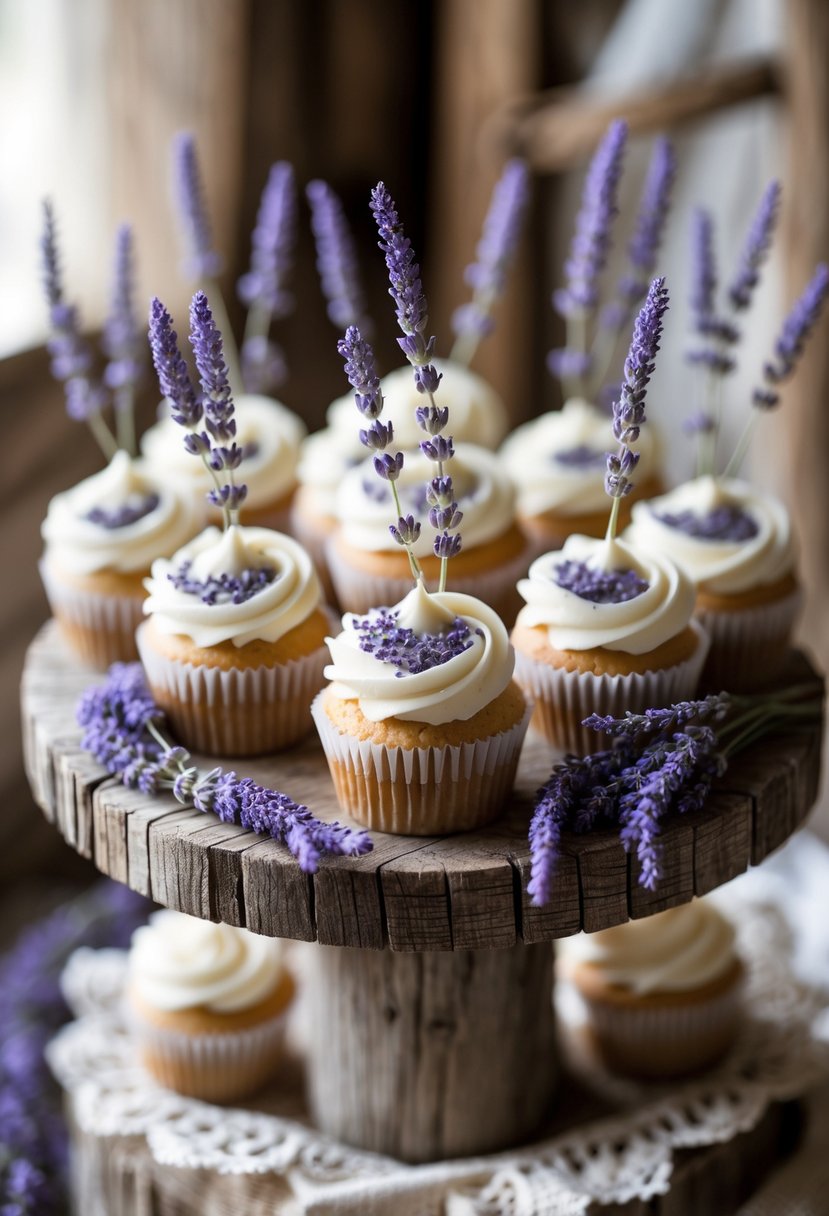 Cupcakes topped with dried lavender sprigs arranged on a wooden tiered stand with rustic wedding decor in the background.
