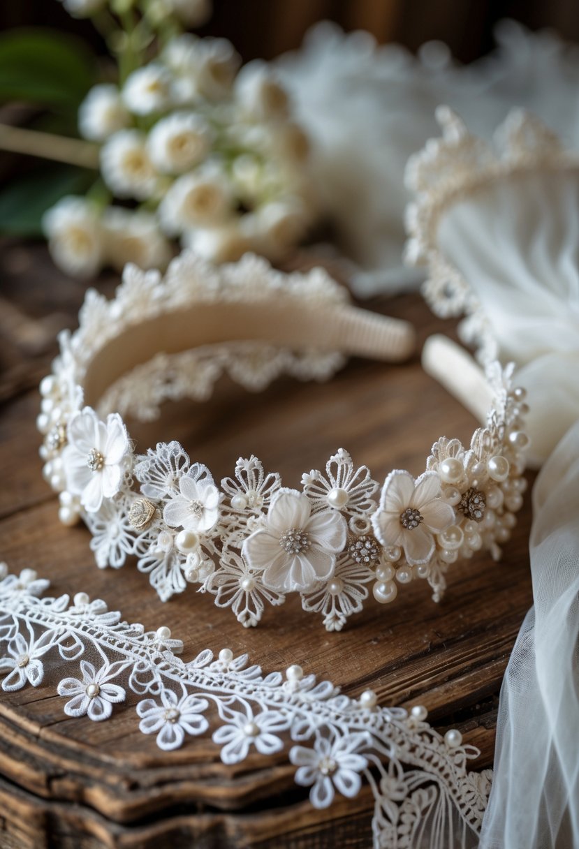 Close-up of a delicate lace headband with pearl accents placed next to white wedding dress fabric on a wooden surface.