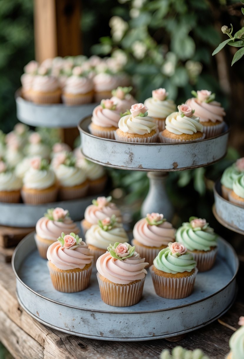 A rustic wedding cupcake display with weathered metal trays holding pastel-colored cupcakes on a wooden table with greenery in the background.