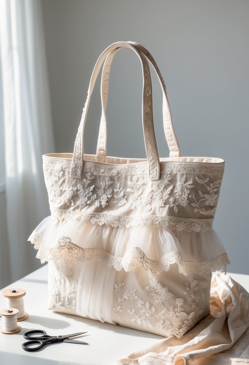 A tote bag made from wedding dress fabric displayed on a white surface with sewing tools nearby.