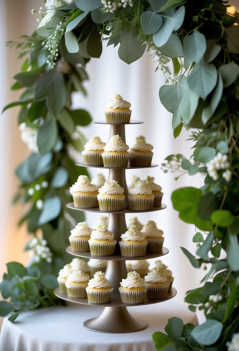 A multi-tiered stand with decorated cupcakes surrounded by a garland of fresh green leaves and small white flowers.