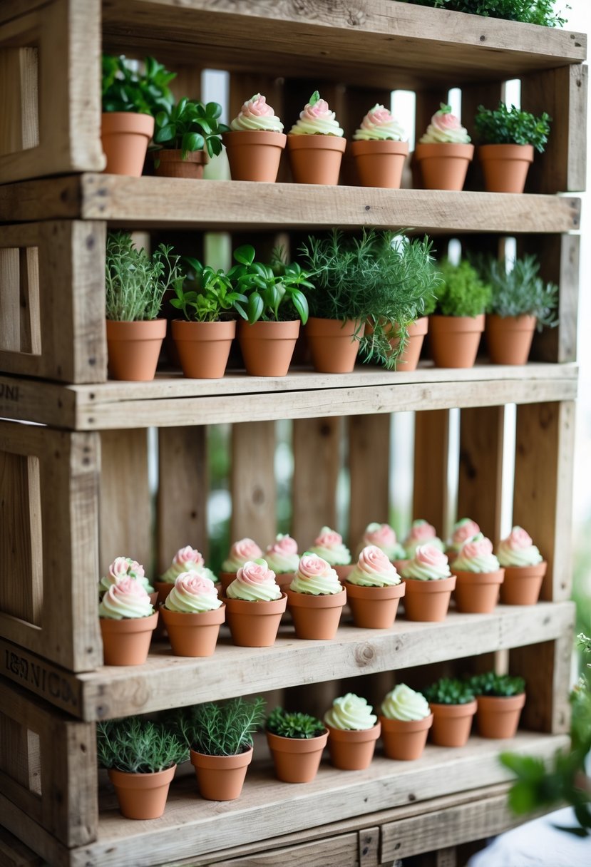 Wooden crate shelves holding potted herbs and decorated cupcakes arranged as a rustic display.