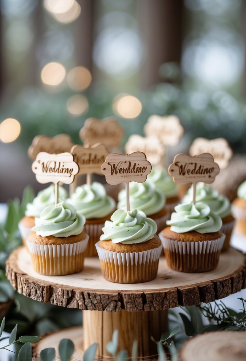 Cupcakes decorated with natural wood picks featuring calligraphy, arranged on a wooden tiered stand with greenery.