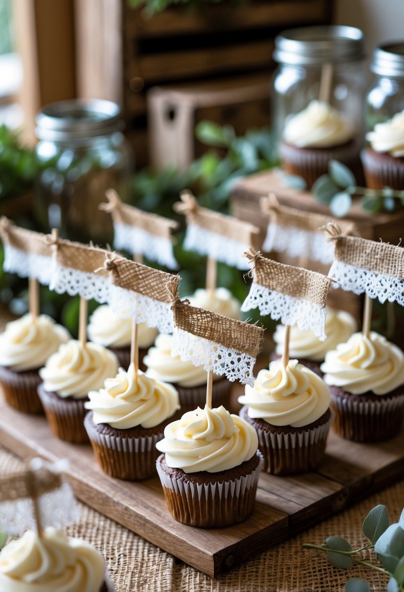 Cupcakes decorated with small burlap and lace flags arranged on a wooden table with rustic wedding decorations in the background.