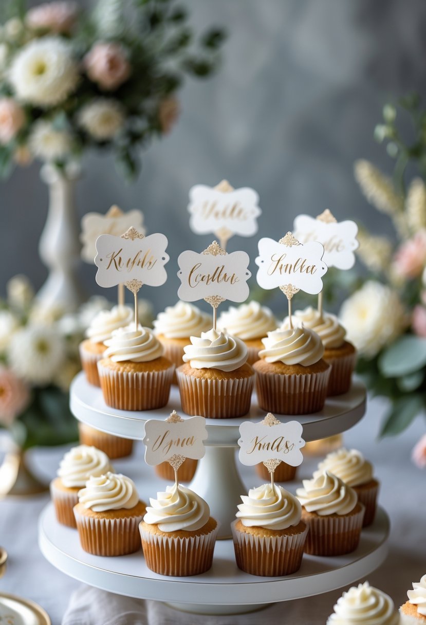 A tiered stand with cupcakes each topped with decorative calligraphy name tags, set among floral wedding decorations.