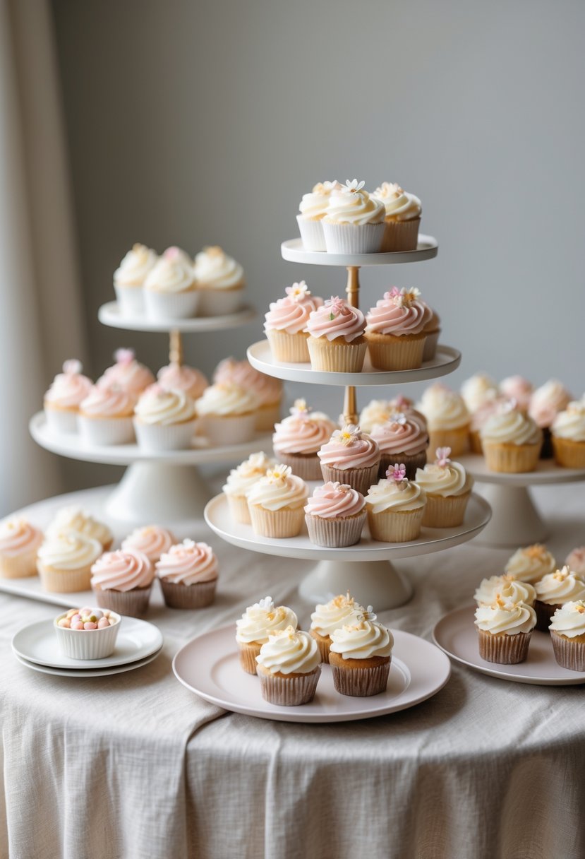 A neutral linen-covered table displaying an assortment of decorated wedding cupcakes on tiered stands and plates.