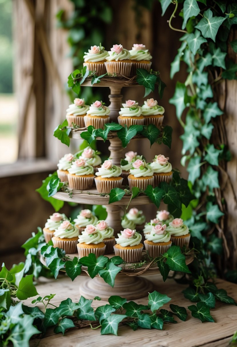 A rustic wedding cupcake display with ivy garlands wrapped around cupcake stands holding pastel-colored cupcakes.