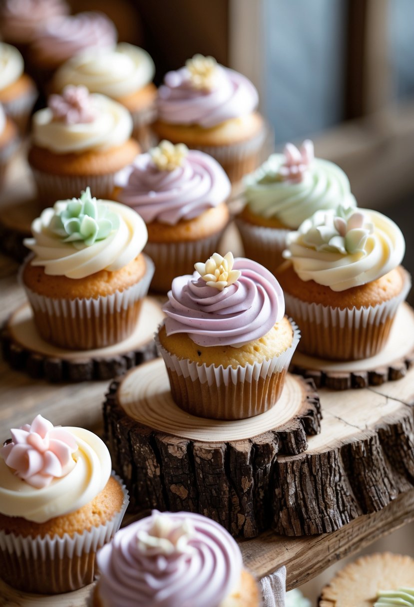Cupcakes with pastel frosting displayed on natural wood slice coasters on a wooden table.