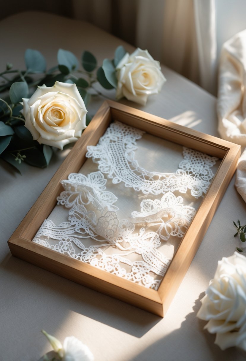 A framed piece of delicate white lace displayed on a neutral surface with soft natural light and nearby flowers.