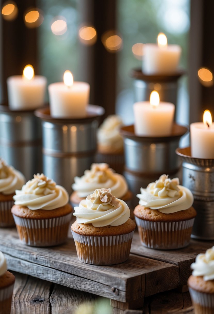 Cupcakes arranged on a wooden surface next to rustic tin candle holders with lit candles.