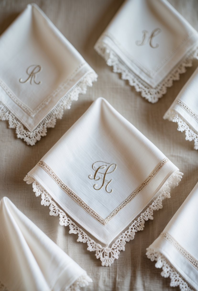 Close-up of several white handkerchiefs with lace trim and subtle embroidery arranged on soft fabric.