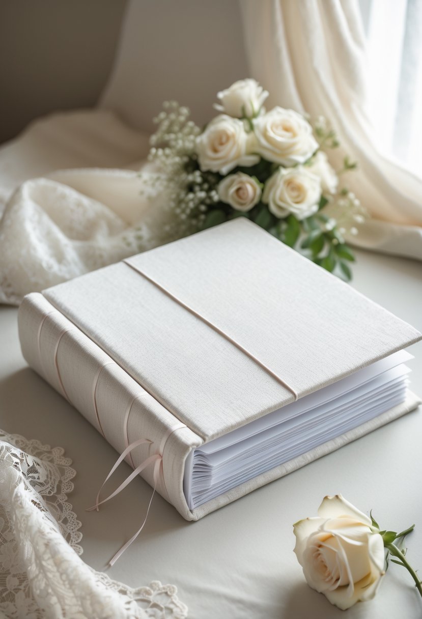A fabric-covered wedding photo album resting on a surface with a small bouquet of white roses and lace fabric nearby.